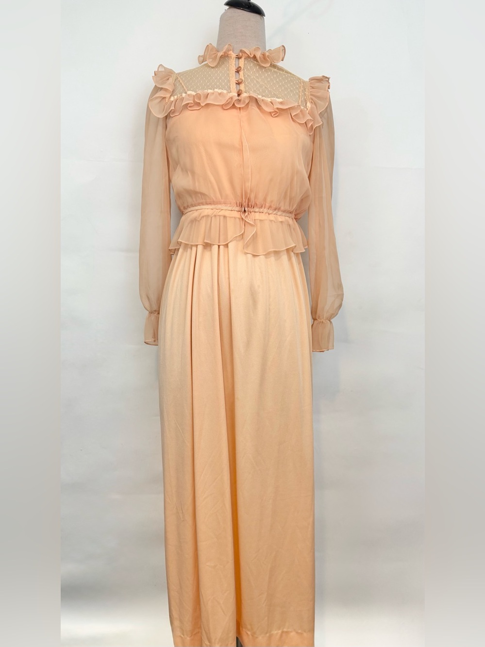 Vintage Union Made 2 piece Peach Maxi Dress with Ruffle Detail Prairie gown 7/8